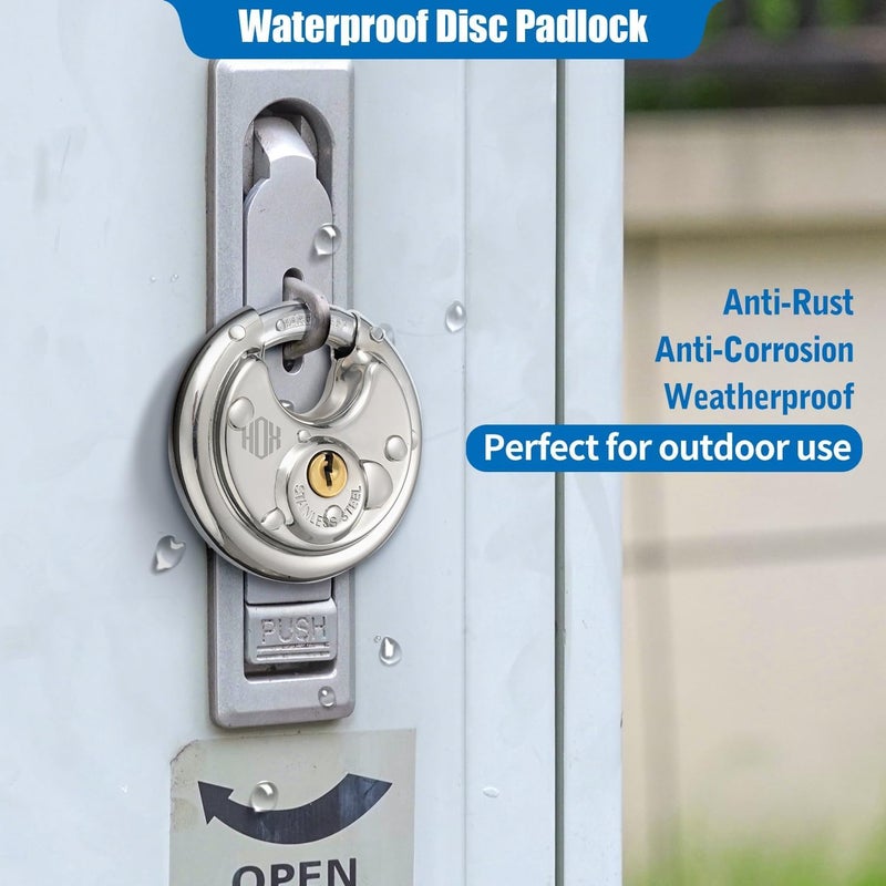 HOX Keyed Disc Padlock, Stainless Steel Keyed-Alike Padlocks, 2-Pack Heavy Duty Locks, Waterproof Outdoors Lock with 3/8 Inch Shackle, 2-3/4 Inch Wide Body, for Hasp Latch, Fences, Storage Locker - Image 5